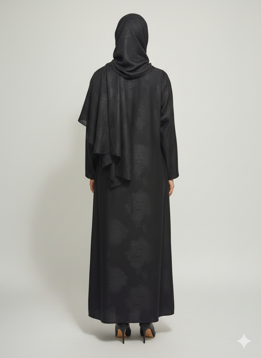 Onyx Black-Leaf Satin Abaya | Rizqé Luxury Metallic Printed Open Wrap with Bell Sleeves