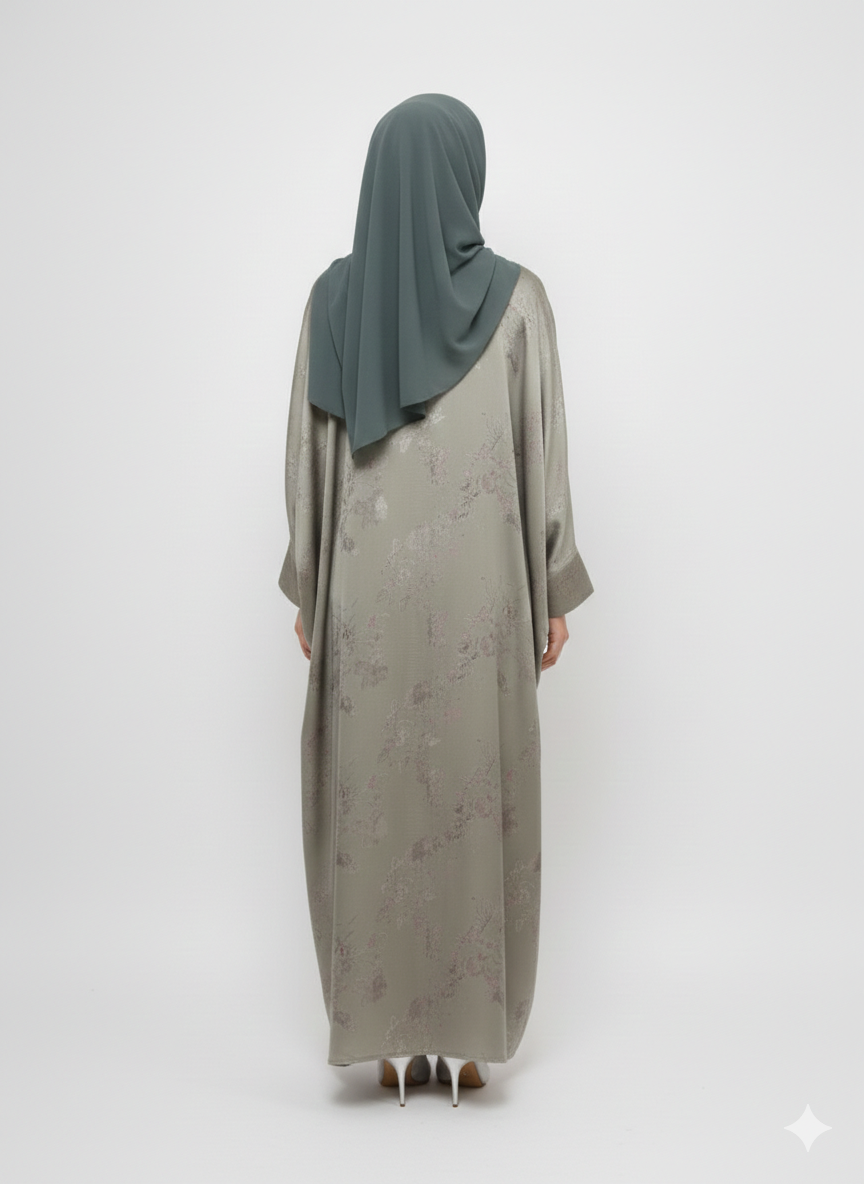 Pista Green Forest Satin Abaya | Rizqé Luxury Silk-Finish Modest Foil Print Wrap