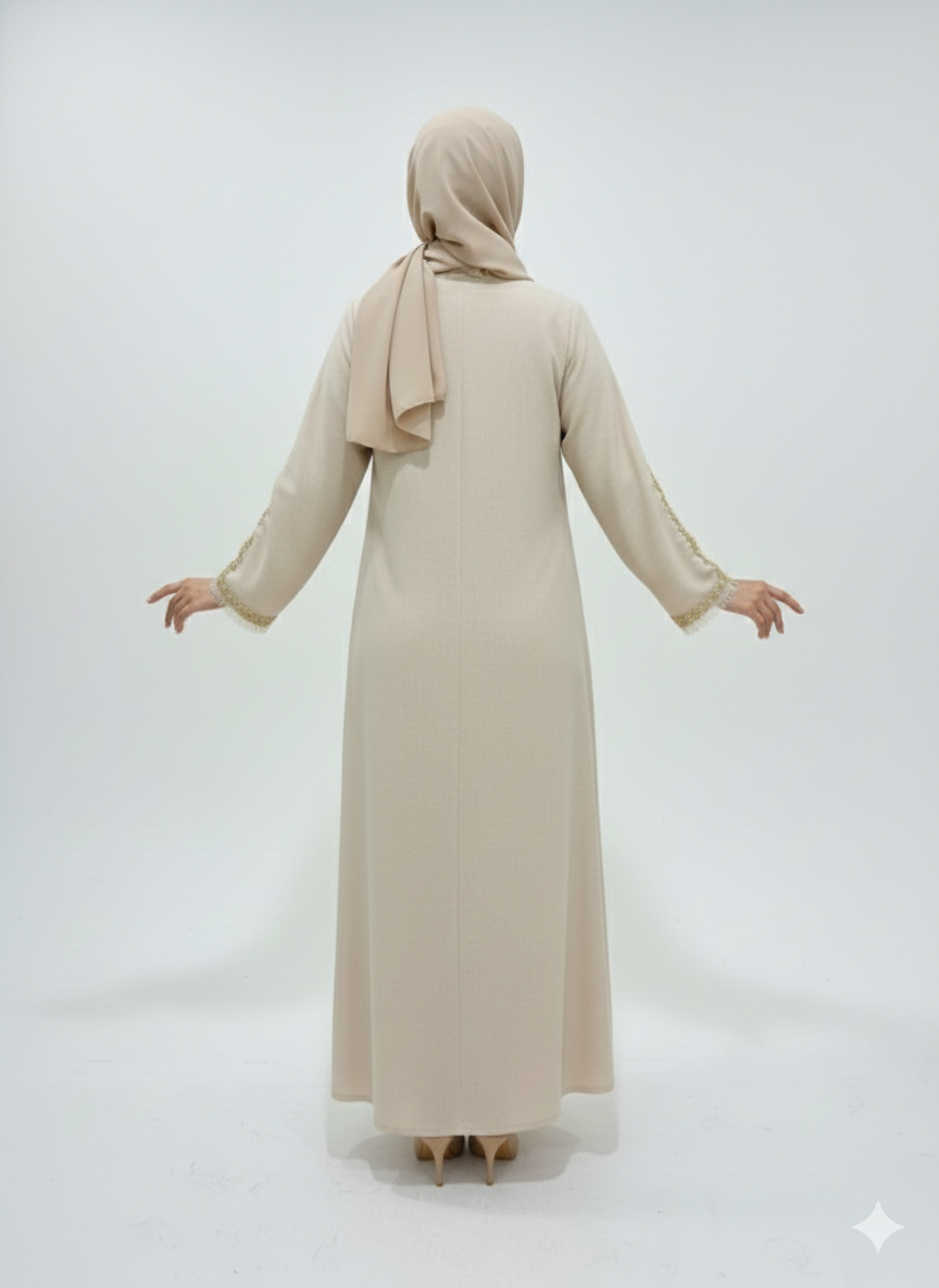 Sandstone Pearl Beige Abaya | Rizqé Luxury Hand-Embellished Modest Open Wrap
