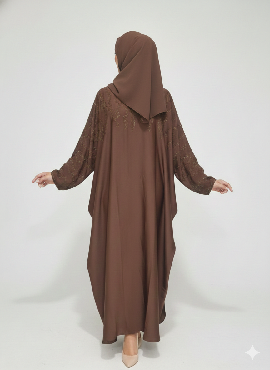 Rich Brown Satin Butterfly Abaya | Rizqé Gold Vine Hand-Embellishment with Dramatic Farasha Silhouette