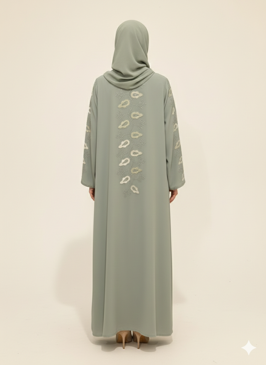 Sage Green Embroidered Abaya | Rizqé Luxury Artisanal Motif Wrap with Tailored Straight Sleeves
