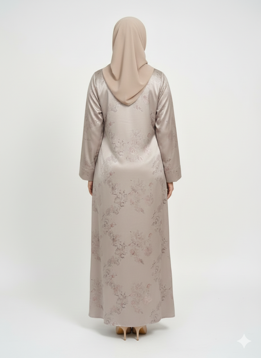 Champagne Beige Foil Print Abaya | Rizqé Luxury Metallic Botanical Wrap with Tailored Straight Sleeves