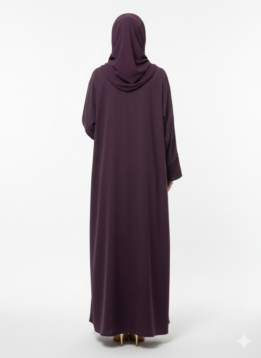 Deep Plum Beaded Abaya | Rizqé Luxury Hand-Stitched Linear Trim with Classic Straight Sleeves