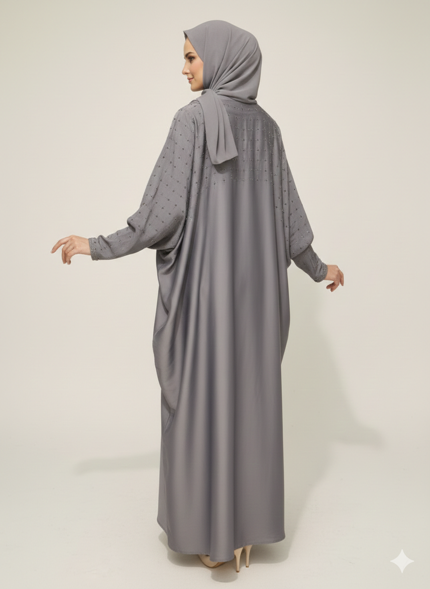 Storm Grey Butterfly Abaya | Rizqé Silver Geometric Hand-Embellishment with Dramatic Farasha Drape
