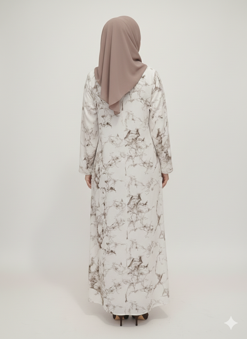 White & Coffee Marble Print Abaya | Rizqé Luxury Chiffon-Finish Wrap with Tailored Straight Sleeves