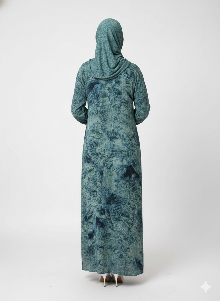 Teal & Seafoam Mineral Print Abaya | Rizqé Luxury Textured Modest Chiffon Wrap