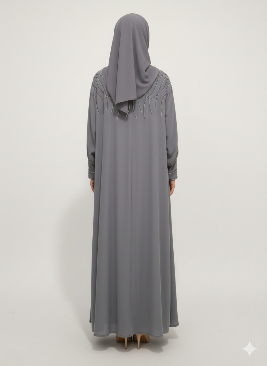 Steel Grey Layered Farasha Abaya | Rizqé Silver Vine Hand-Embellishment with Sheer Chiffon Double Sleeves