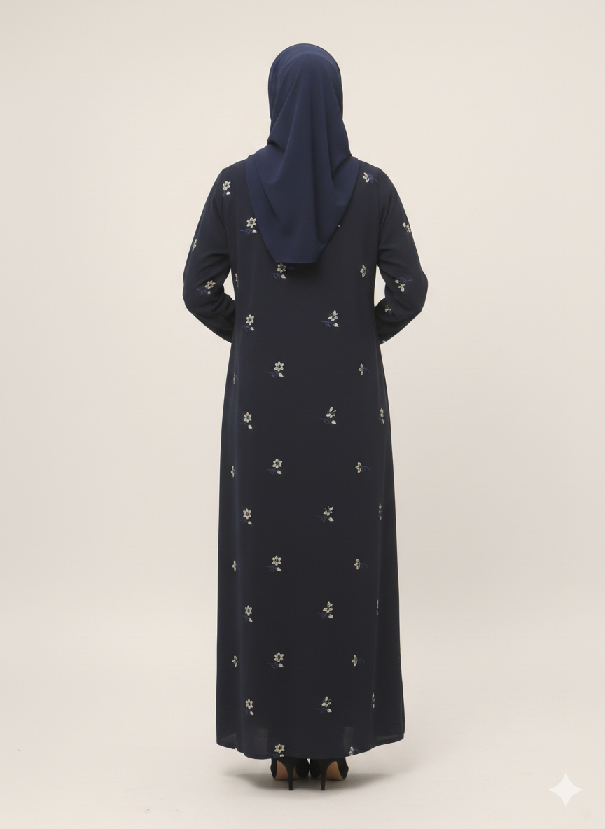 Navy Blue Floral Embroidered Abaya | Rizqé Luxury Scattered Blossom Motif with Intricate Metallic Cuffs