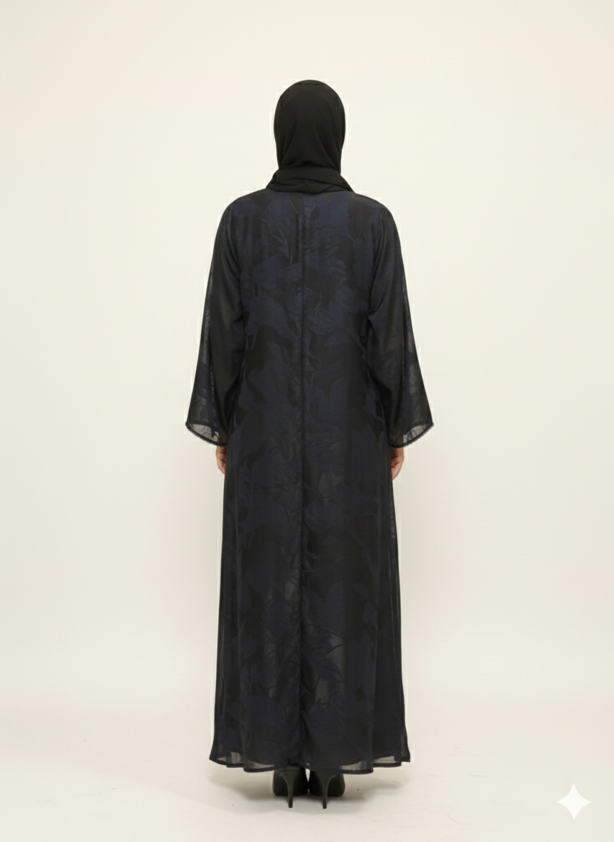 Navy & Charcoal Abstract Marble Abaya | Rizqé Luxury Open-Front Wrap with Midnight Sapphire Tonal Prints