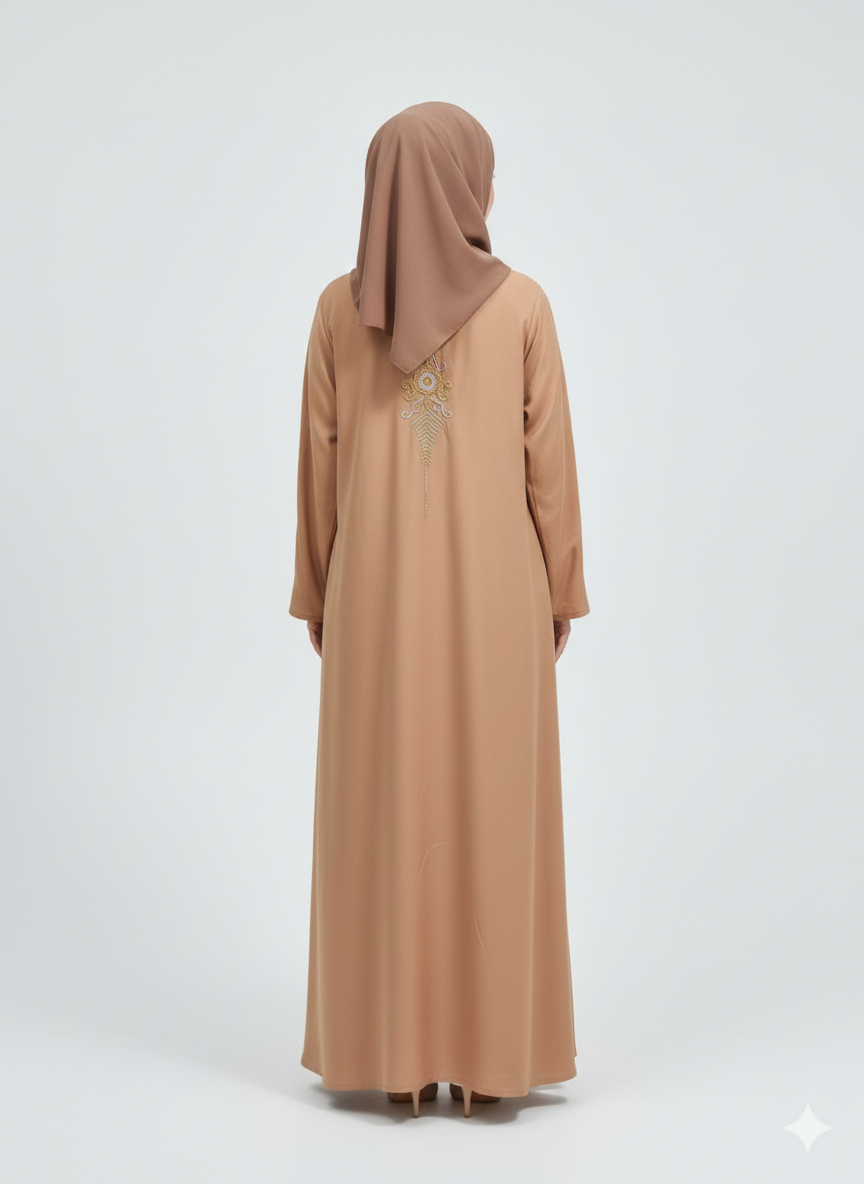 Peachy Pink Embroidered Abaya | Rizqé Luxury Gold & White Floral Hand-Work Modest Open Abaya