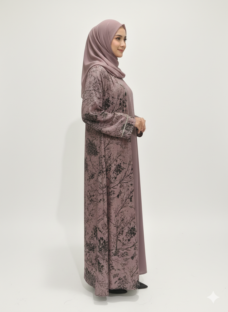 Dusty Pink & Mauve Botanical Abaya | Rizqé Luxury Cotton-Blend Wrap with Delicate Charcoal Floral Artistry