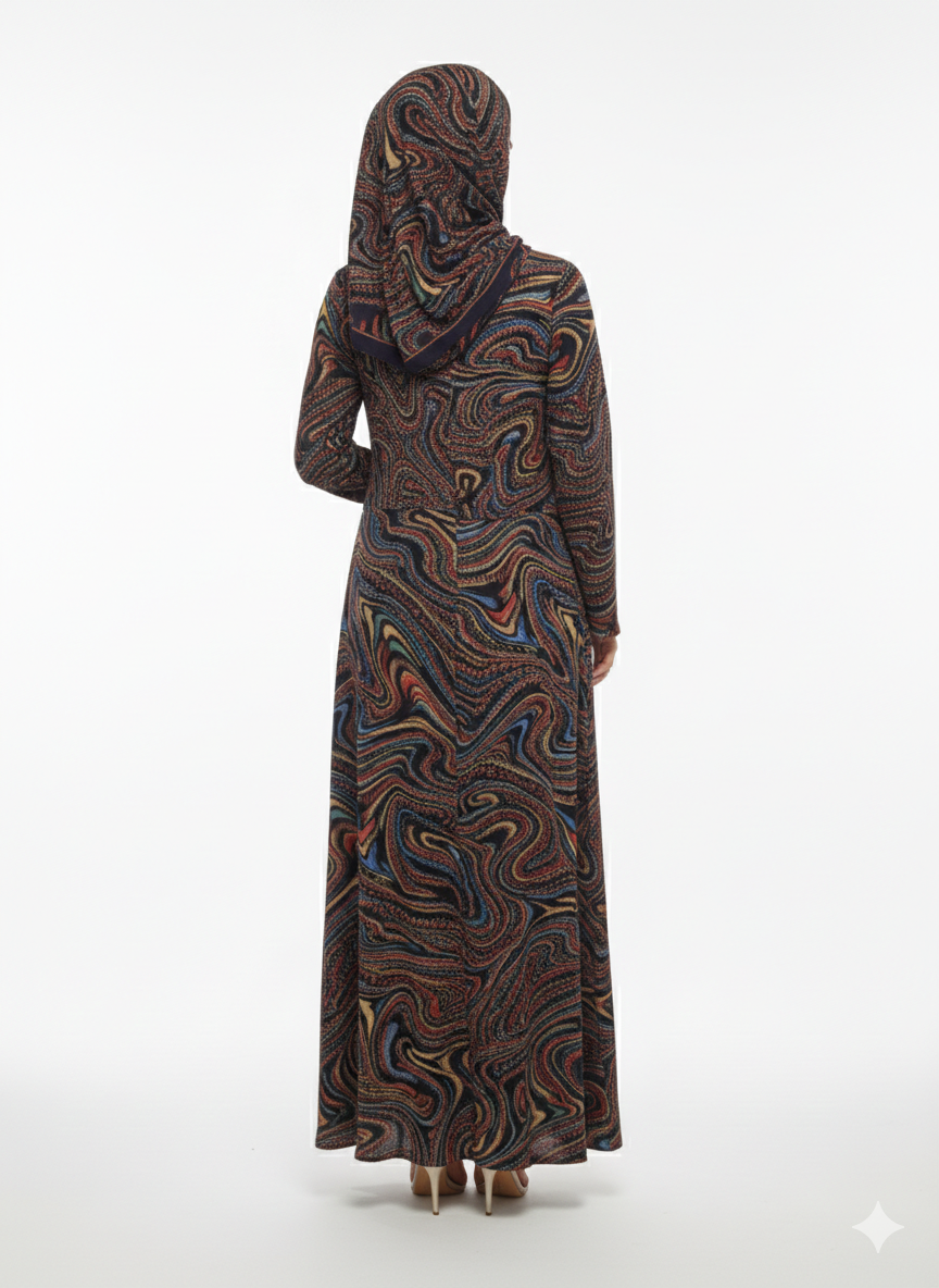 Rizqé Azure Vortex Blue Kimono-Style Swirl Print Abaya