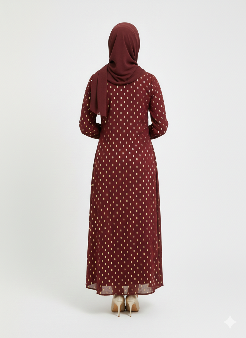 Rizqé Crimson Gilded Foil Polka Dot Maroon Modest Abaya