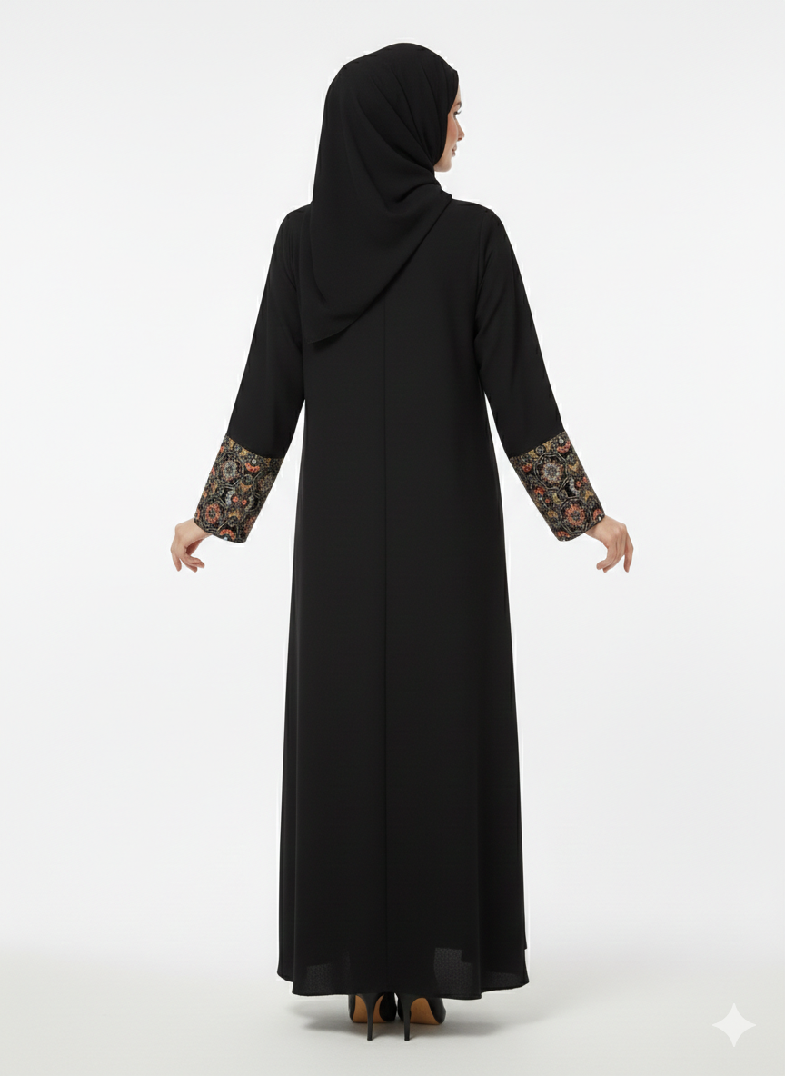 Rizqé Onyx Sovereign Black Nida Abaya with Gold Baroque Embroidery