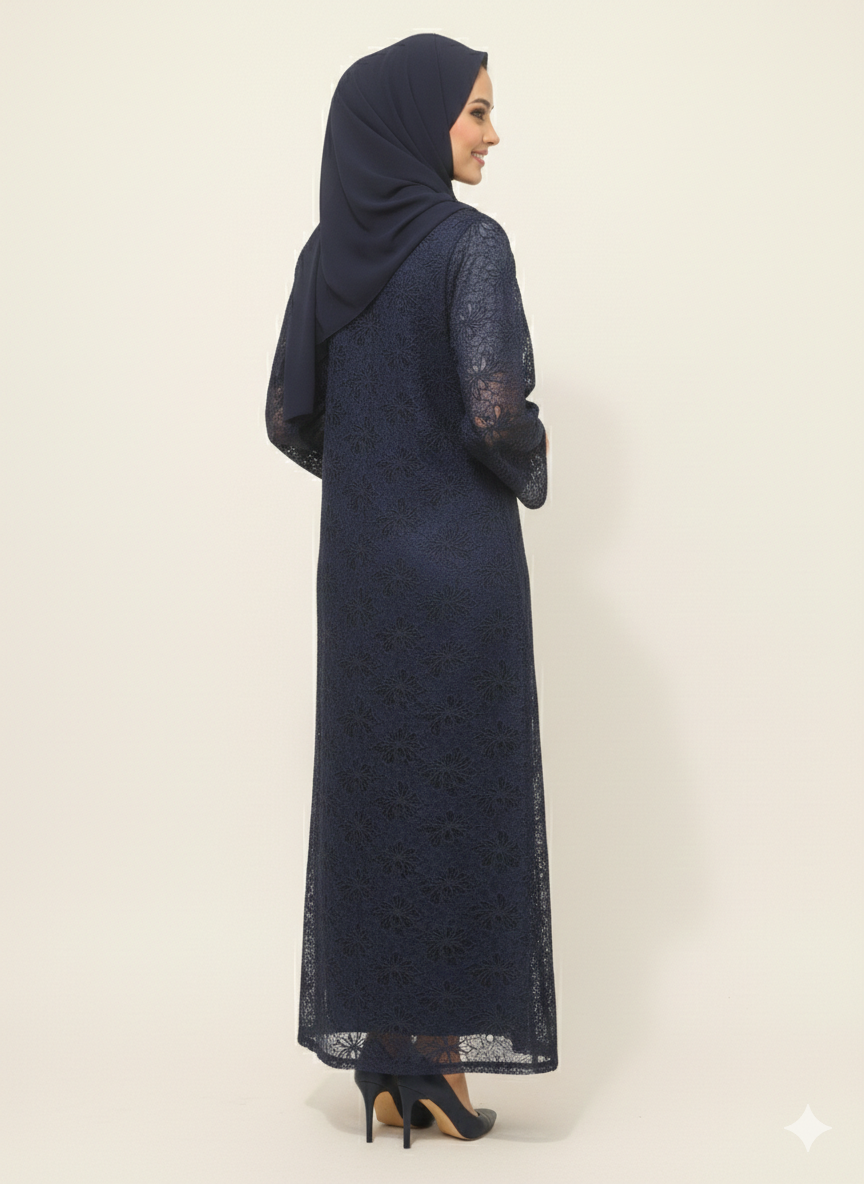 Rizqé Midnight Sapphire Navy Floral Net Modest Abaya