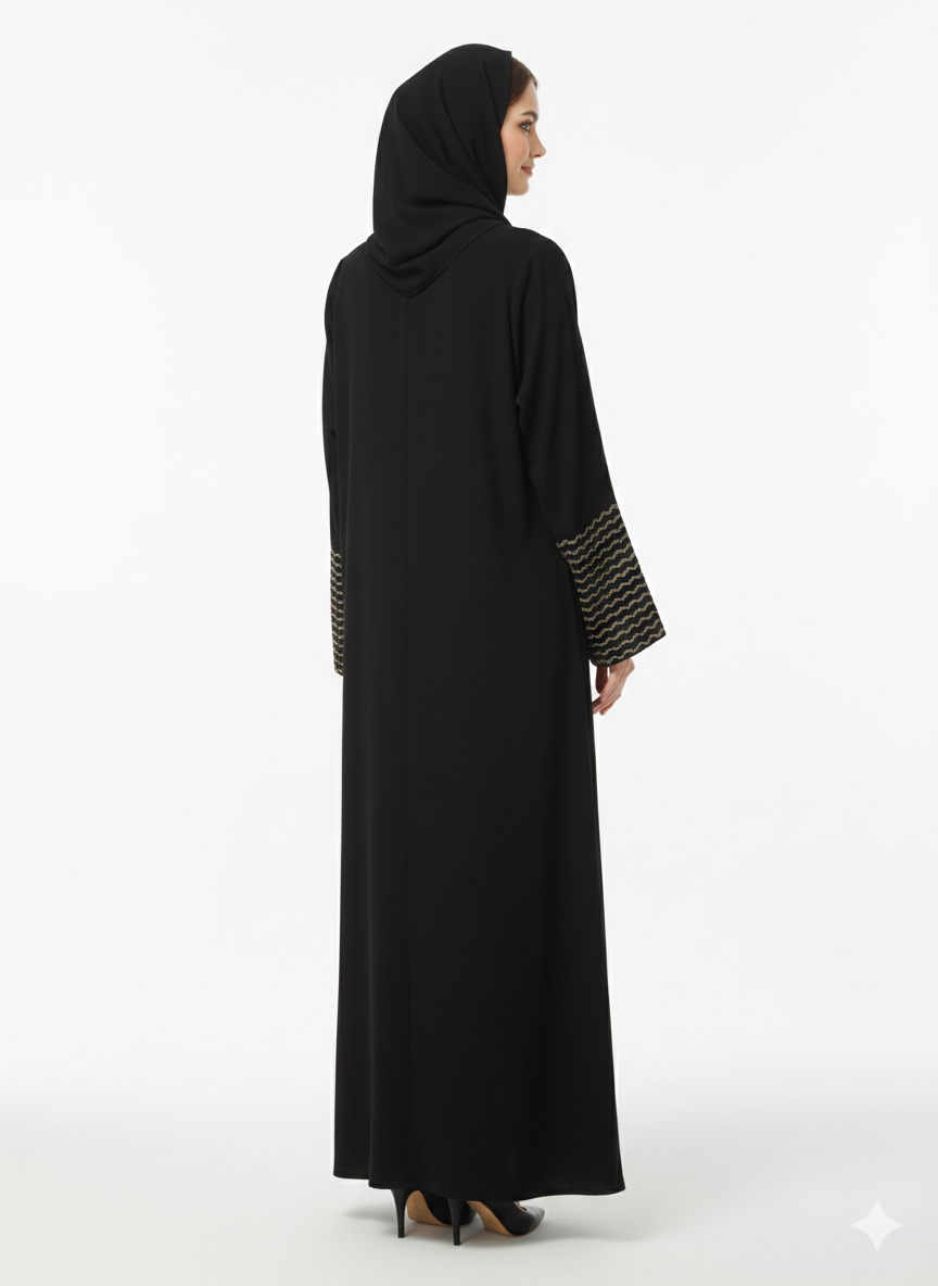 Rizqé Gilded Wave Noir Black Abaya with Beige Zig-Zag Embroidery