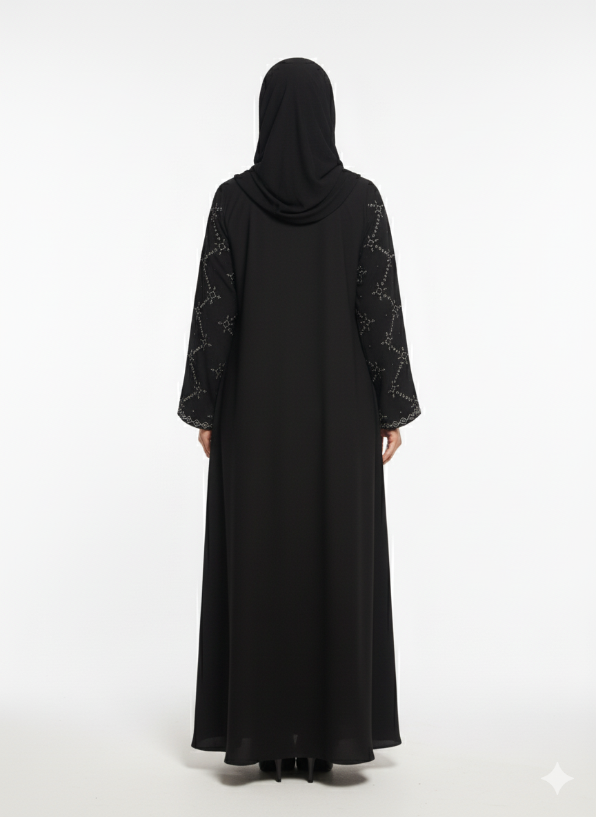 Black Abaya | Bold Crystal Geometric Silver Embellishment | Rizqé Silhouette Modest Dress