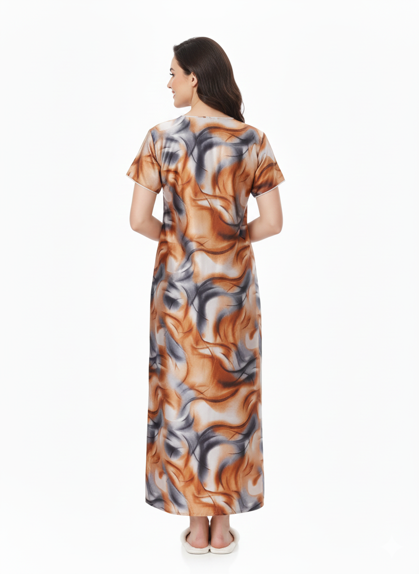 Copper Swirl Print Nightgown | Rizqé by Zadine Abstract Satin/Viscose Feel Maxi Dress