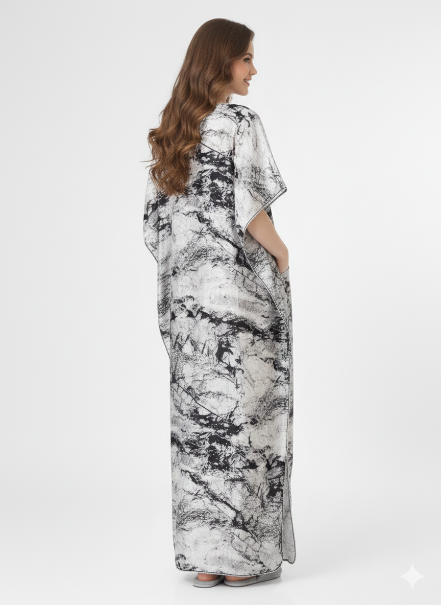 Marble Abyss Kaftan Nightgown | Rizqé Black & White Abstract Satin Feel Maxi Dress