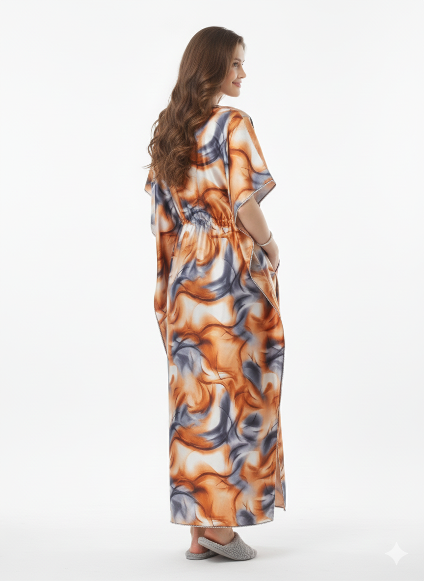Copper Swirl Kaftan Nightgown | Rizqé Orange & Grey Abstract Italian Satin Feel Maxi Dress