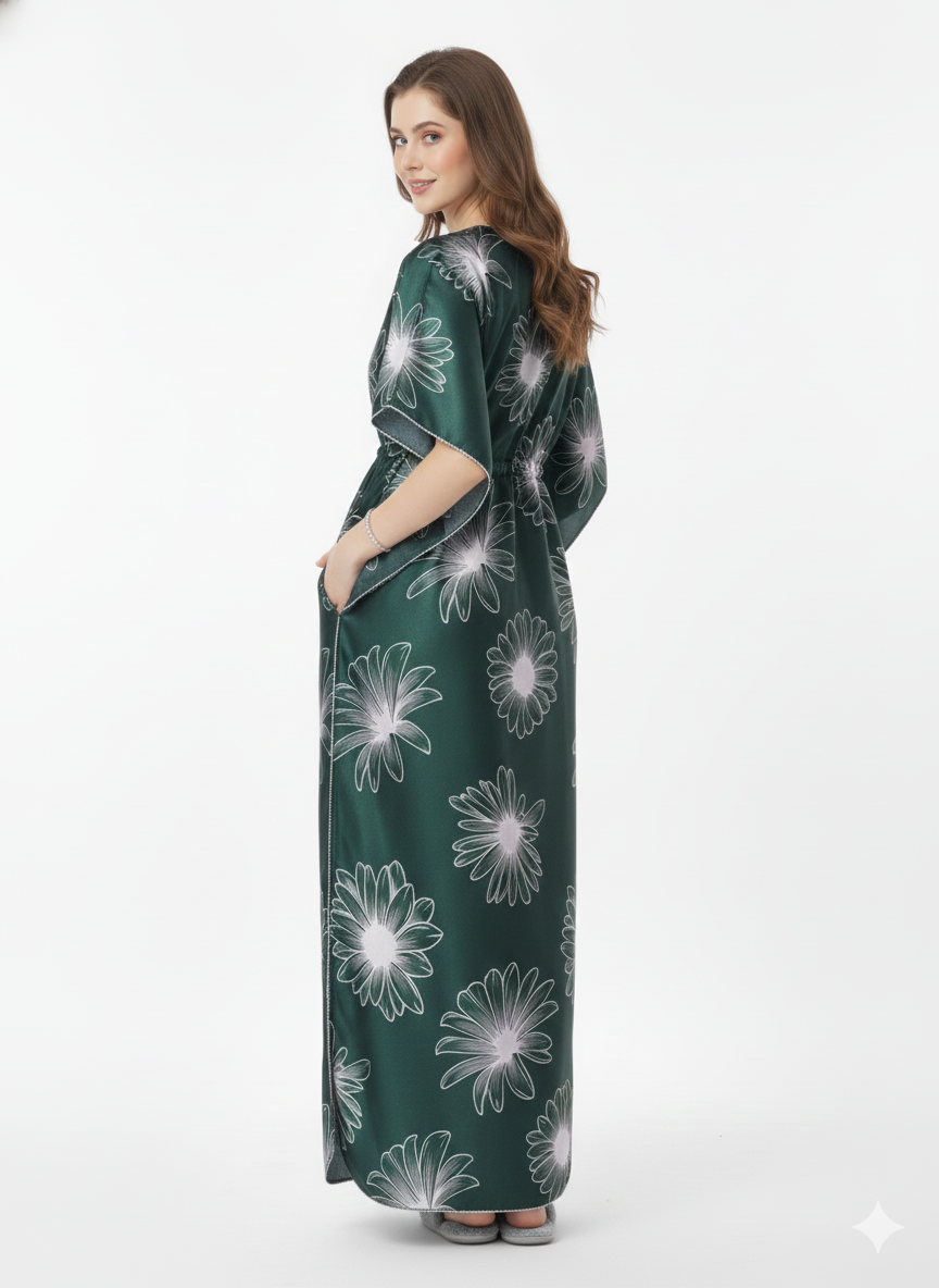 Emerald Garden Kaftan Nightgown | Rizqé Dark Green Floral Print Satin Feel Maxi Dress