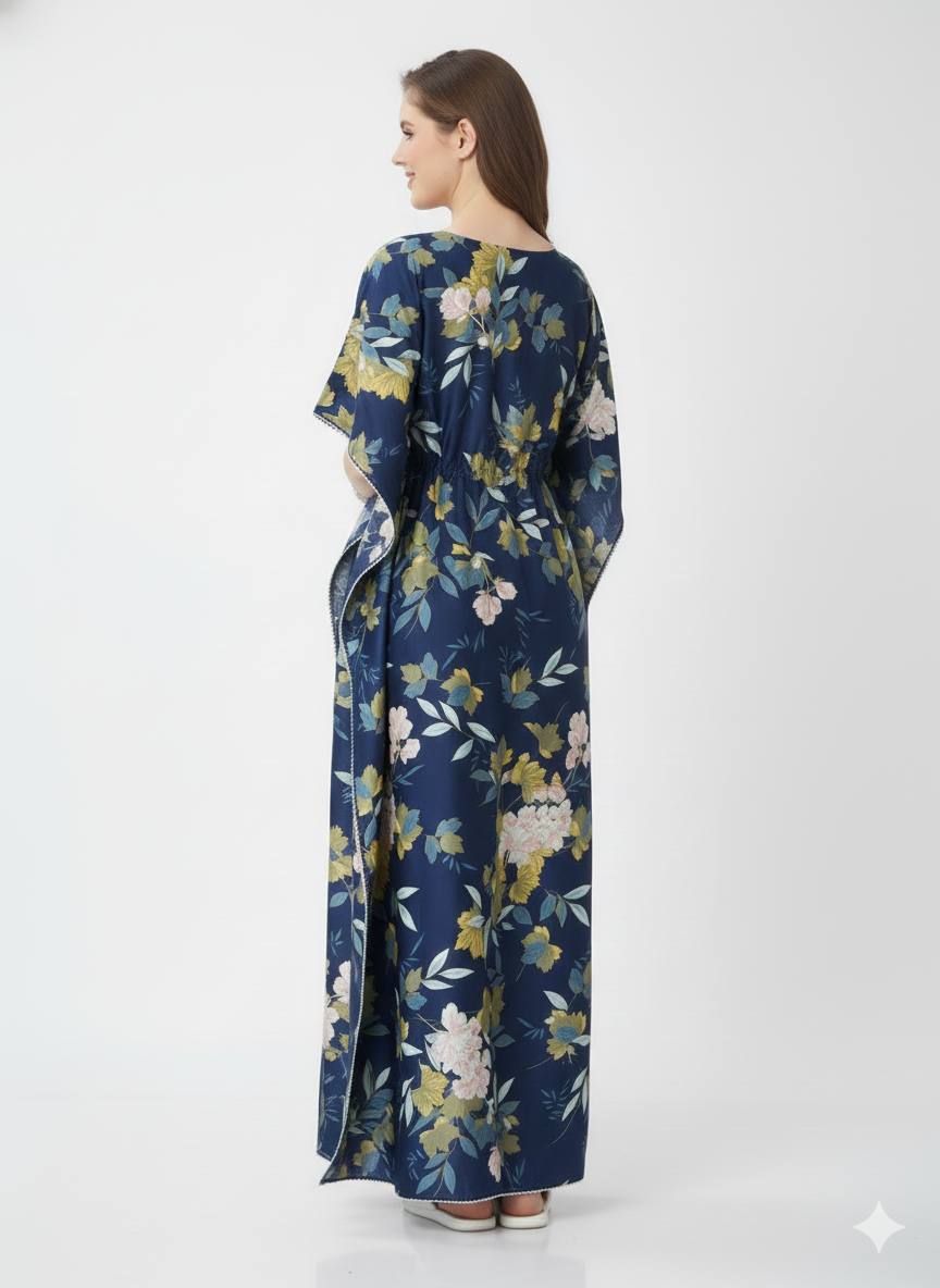 Midnight Flora Kaftan Nightgown | Rizqé Navy Blue Floral Print Satin Feel Maxi Dress