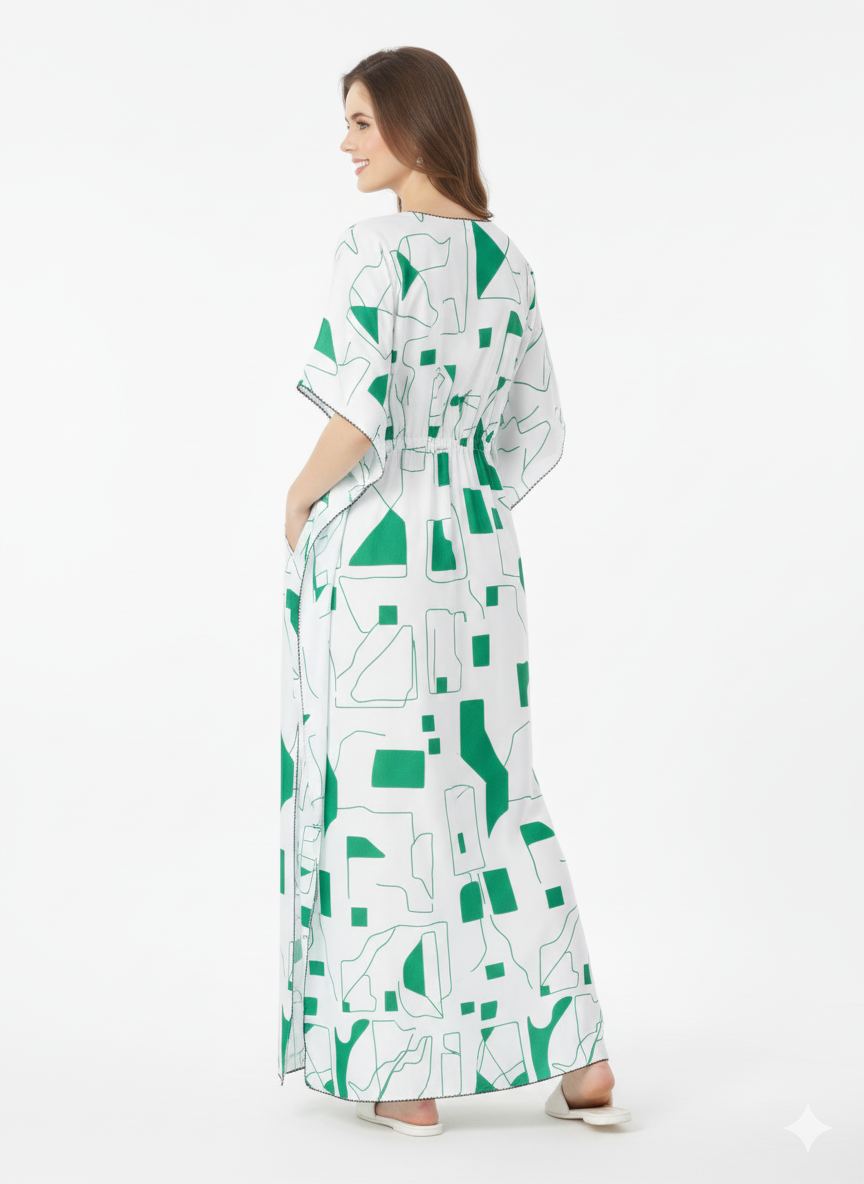 Geometric Garden Kaftan Nightgown | Rizqé White & Green Abstract Satin Feel Maxi Dress
