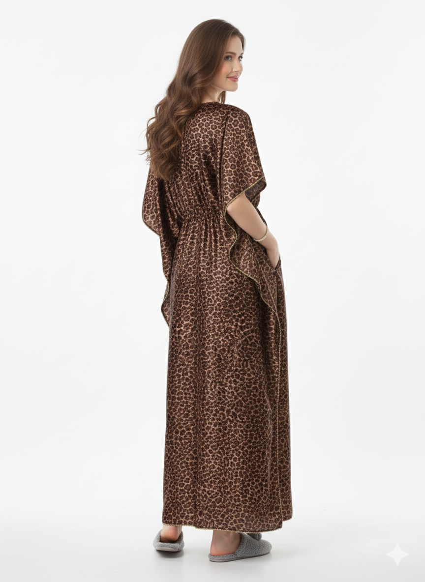 Safari Luxe Kaftan Nightgown | Rizqé Brown Leopard Print Italian Satin Feel Maxi Dress
