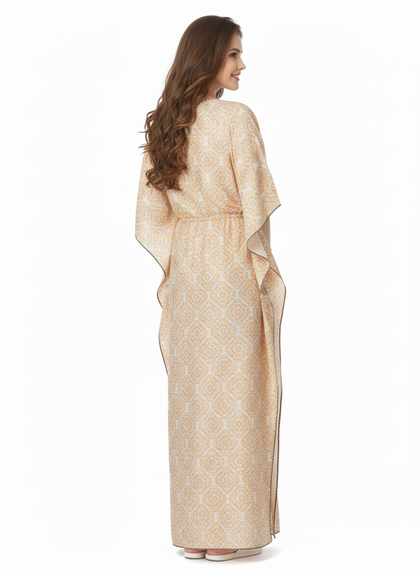 Soft Bloom Kaftan Nightgown | Rizqé Cream Floral Print Satin Feel Maxi Dress