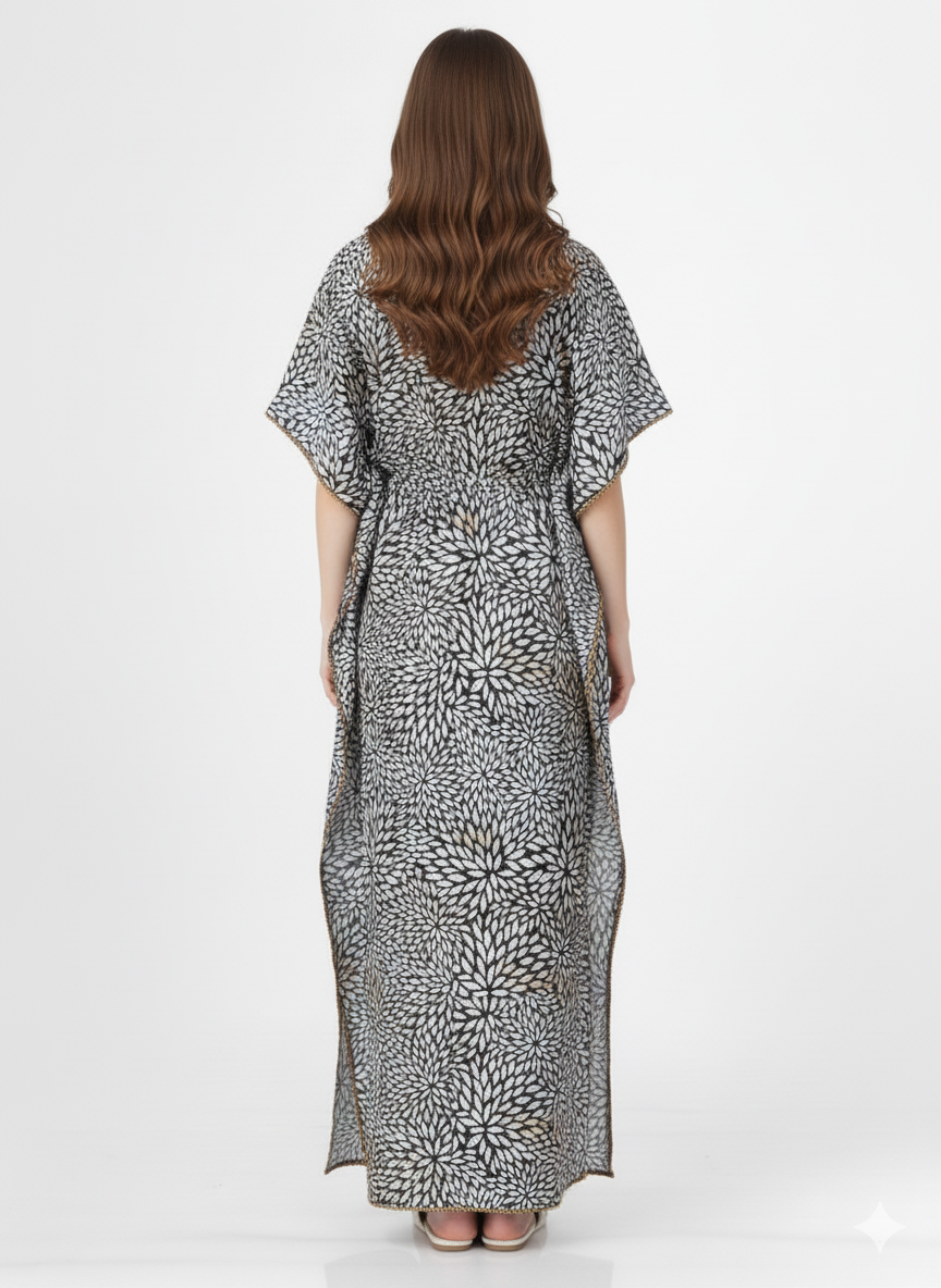 Midnight Bloom Kaftan Nightgown | Rizqé Black & White Floral Satin Feel Maxi Dress