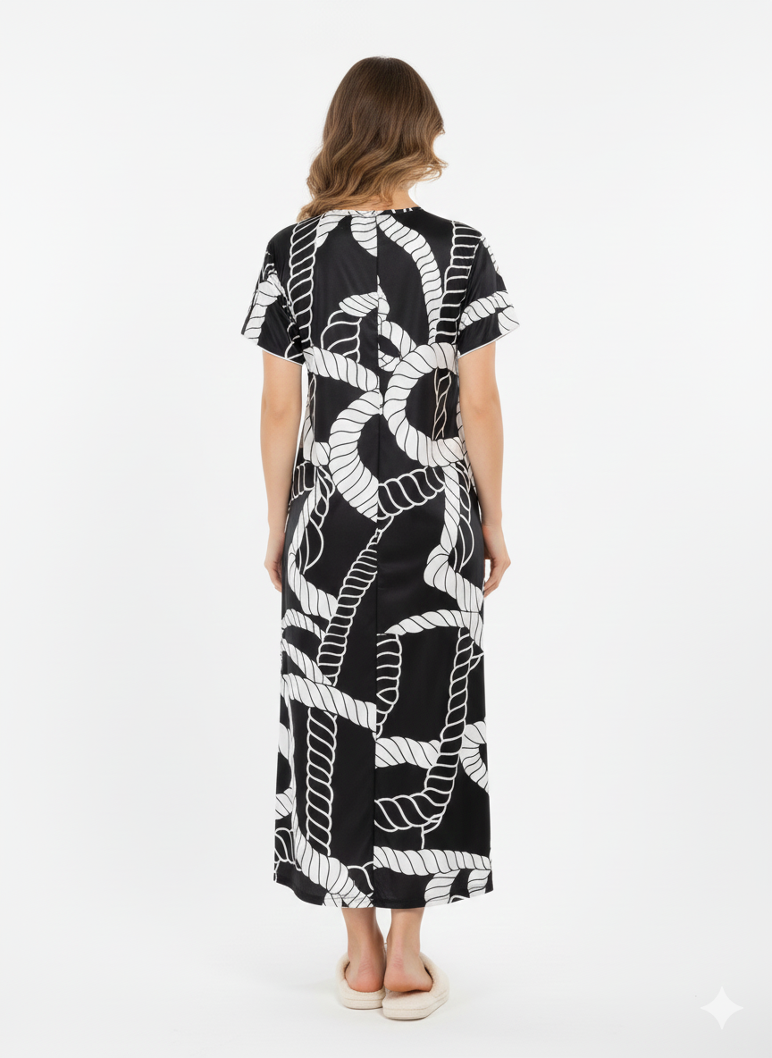 Black & White Rope Print Nightgown | Rizqé by Zadine Luxury Italian Satin Feel Maxi Dress