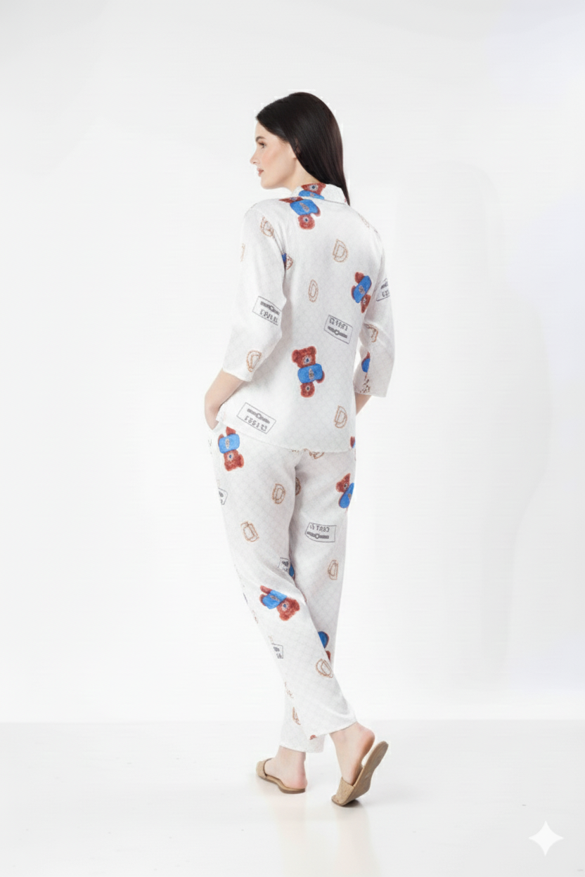 Teddy Bear Love Printed Nightsuit | Rizqé by Zadine Novelty Pyjama Set White & Red