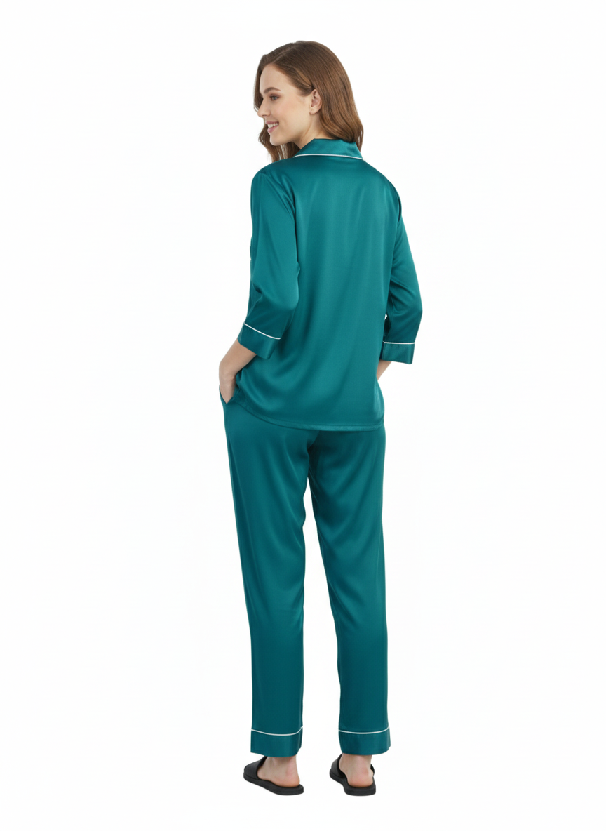 Emerald Jewel Armani Satin Nightsuit | Premium Rizqé by Zadine Deep Green Pyjama Set
