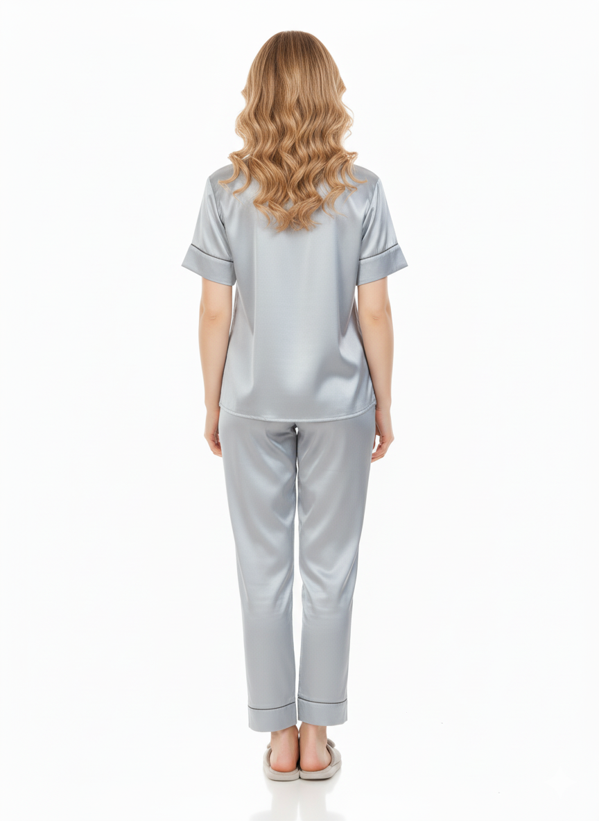 Imported Italian Satin Nightsuit | Silver Grey Luxury Pajamas Set | Premium Silky Sleepwear