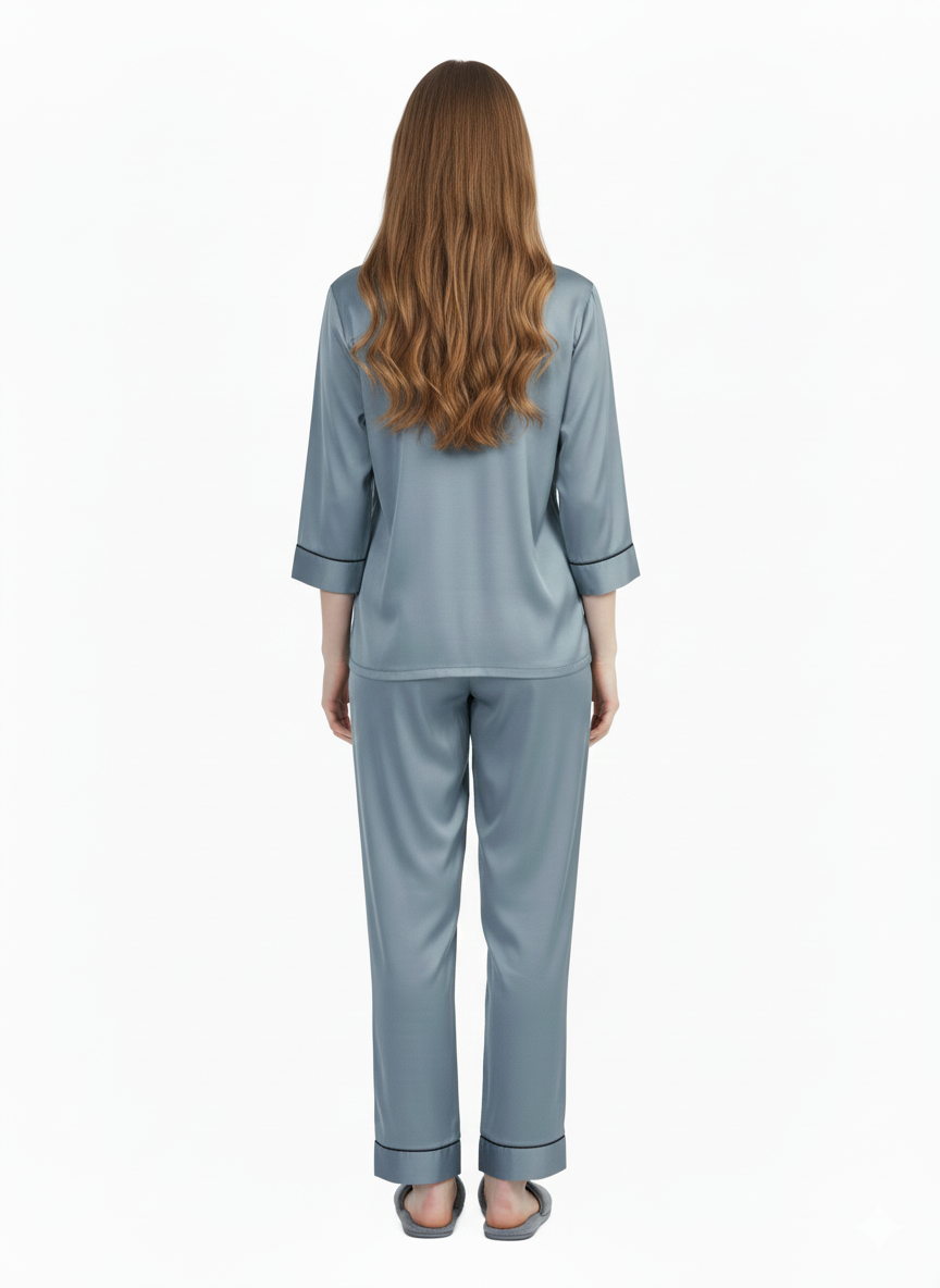 Dusty Blue Grey Armani Satin Nightsuit |Premium Rizqé by Zadine Pyjama Set