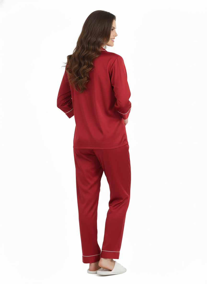 Ruby Red Armani Satin Nightsuit | Luxe Rizqé by Zadine Deep Maroon Pyjama Set