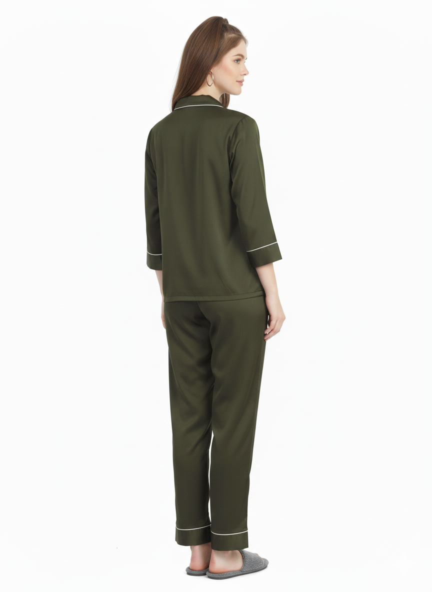 Olive Grove Armani Satin Nightsuit | Luxe Rizqé by Zadine Deep Khaki Pyjama Set
