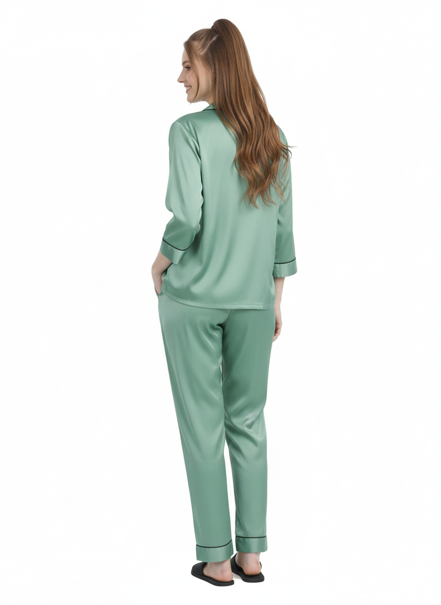 Mint Mist Satin Nightsuit | Premium Rizqé by Zadine Sage Green Pyjama Set