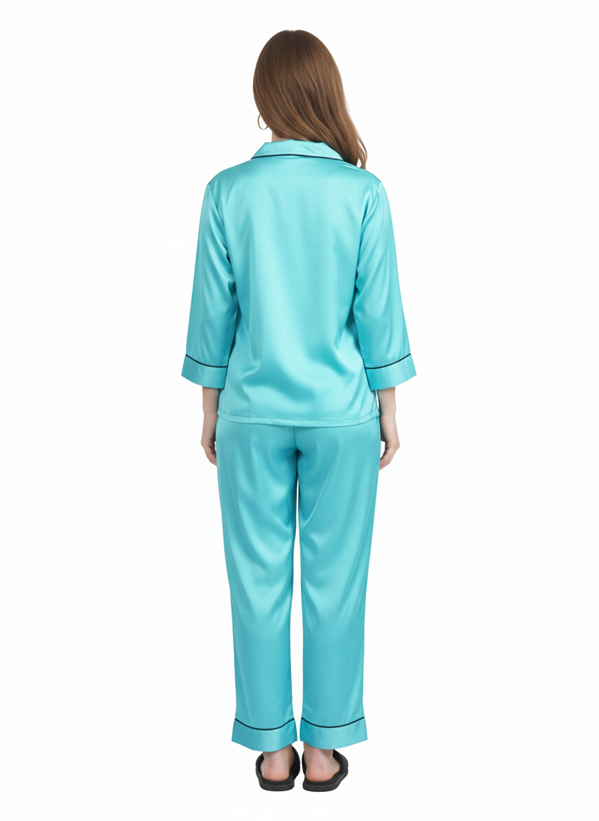 Aquamarine Dream Satin Nightsuit |Luxe Rizqé by Zadine Teal Blue Pyjama Set