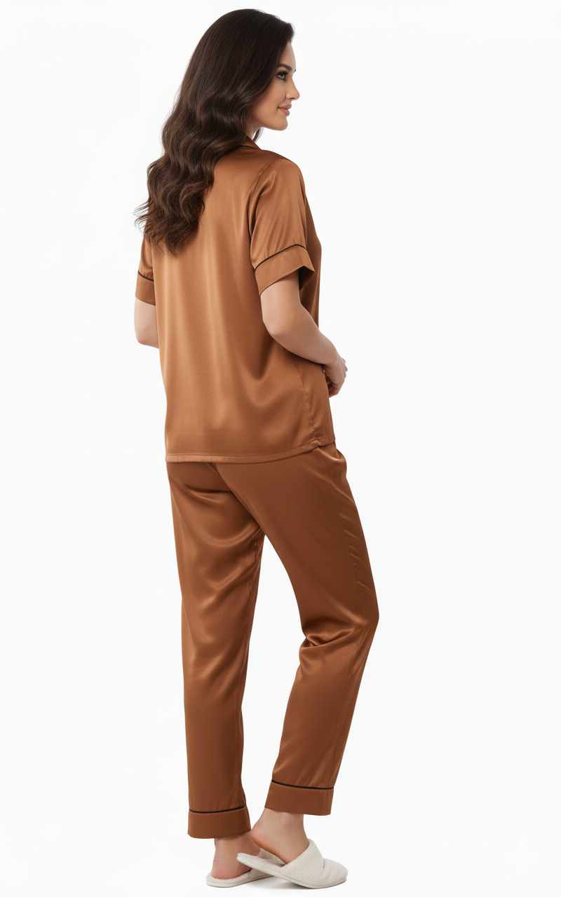 Premium Italian Satin Nightsuit | Bronze Luxury Pajamas Set | Imported Silky Sleepwear
