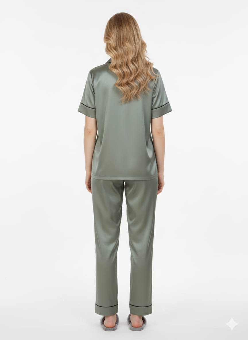 Sage Green Italian Satin Nightsuit | Grey-Green Silky Pajamas Set | Imported Luxury Sleepwear