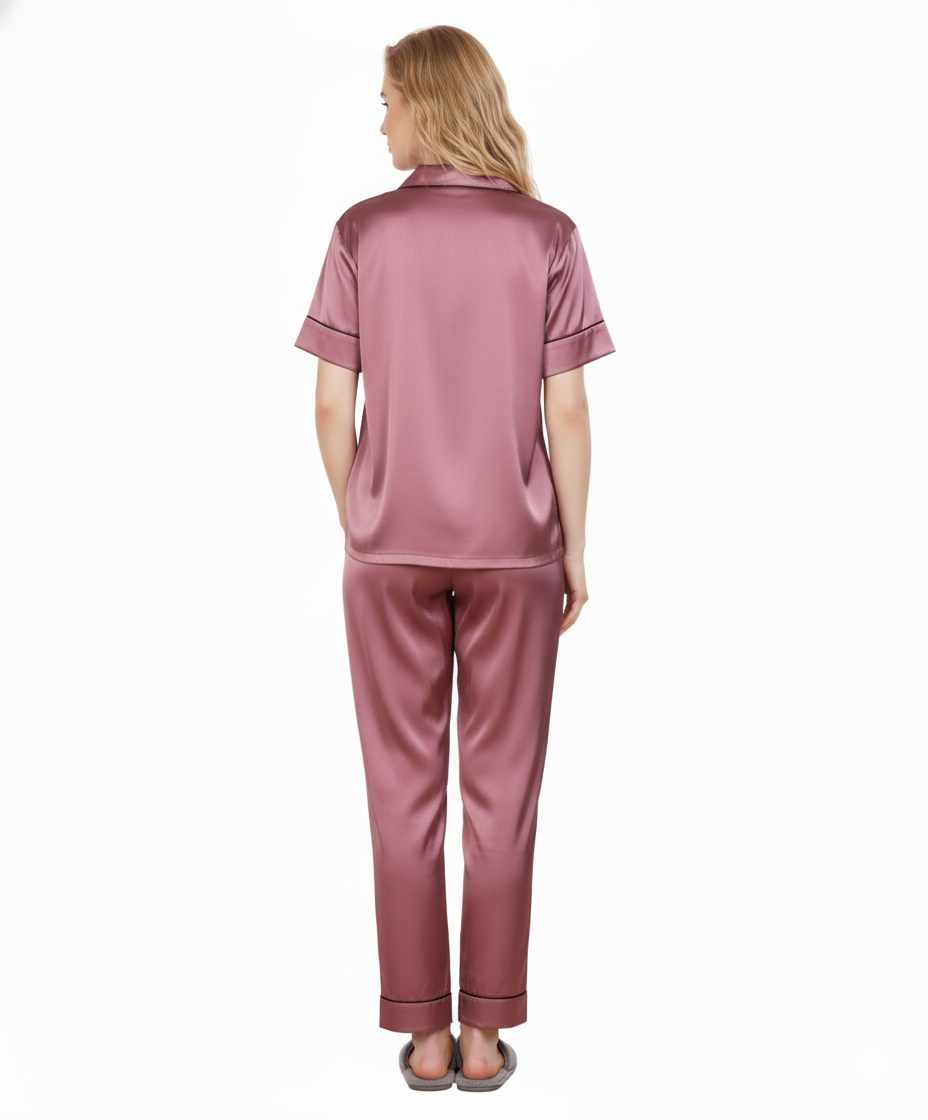 Mauve Italian Satin Nightsuit | Dusty Rose Luxury Pajamas Set | Premium Imported Silky Sleepwear