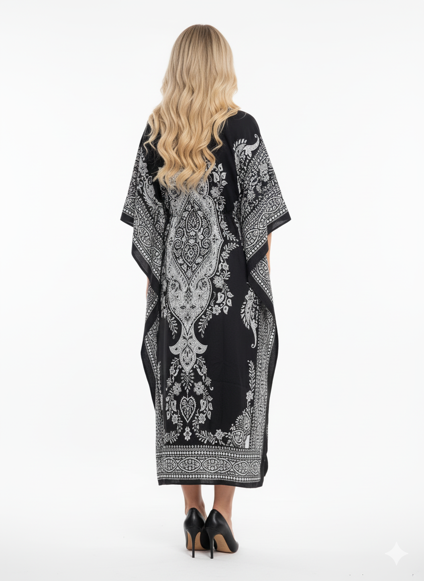 Stunning Black & White Paisley Kaftan | Polyester Abaya Maxi Dress | Jalabiya