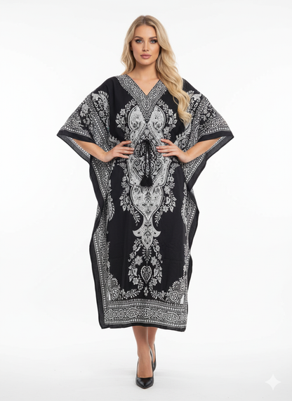 Stunning Black & White Paisley Kaftan | Polyester Abaya Maxi Dress | Jalabiya