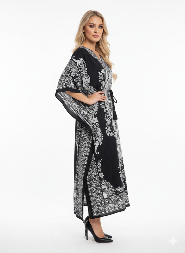 Monochrome Black & White Paisley Kaftan | Polyester Abaya Maxi Dress | Jalabiya