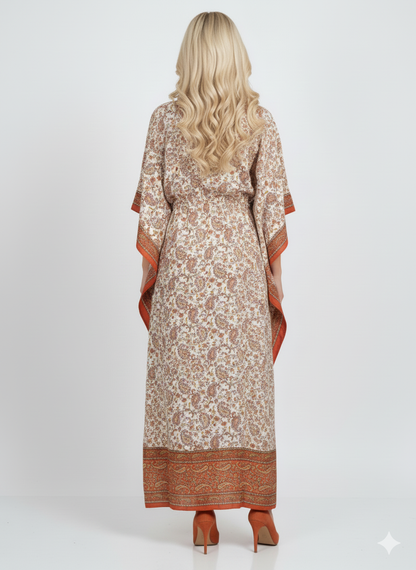 Orange Border Paisley Kaftan | Modest Polyester Abaya Maxi Dress | Jalabiya