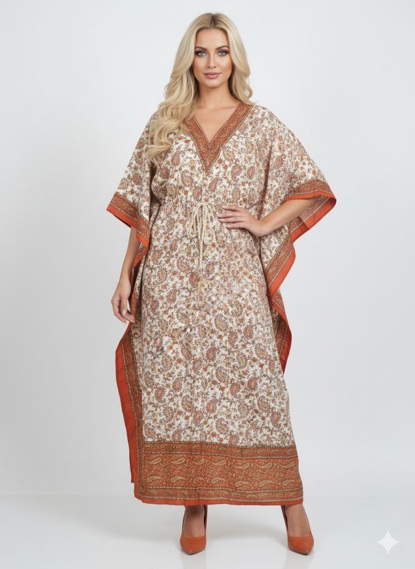 Orange Border Paisley Kaftan | Modest Polyester Abaya Maxi Dress | Jalabiya