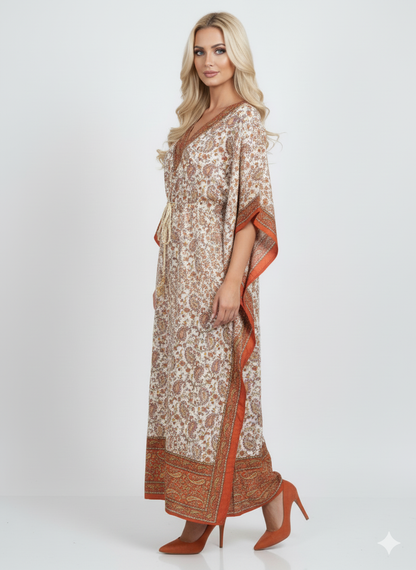 Orange Border Paisley Kaftan | Modest Polyester Abaya Maxi Dress | Jalabiya