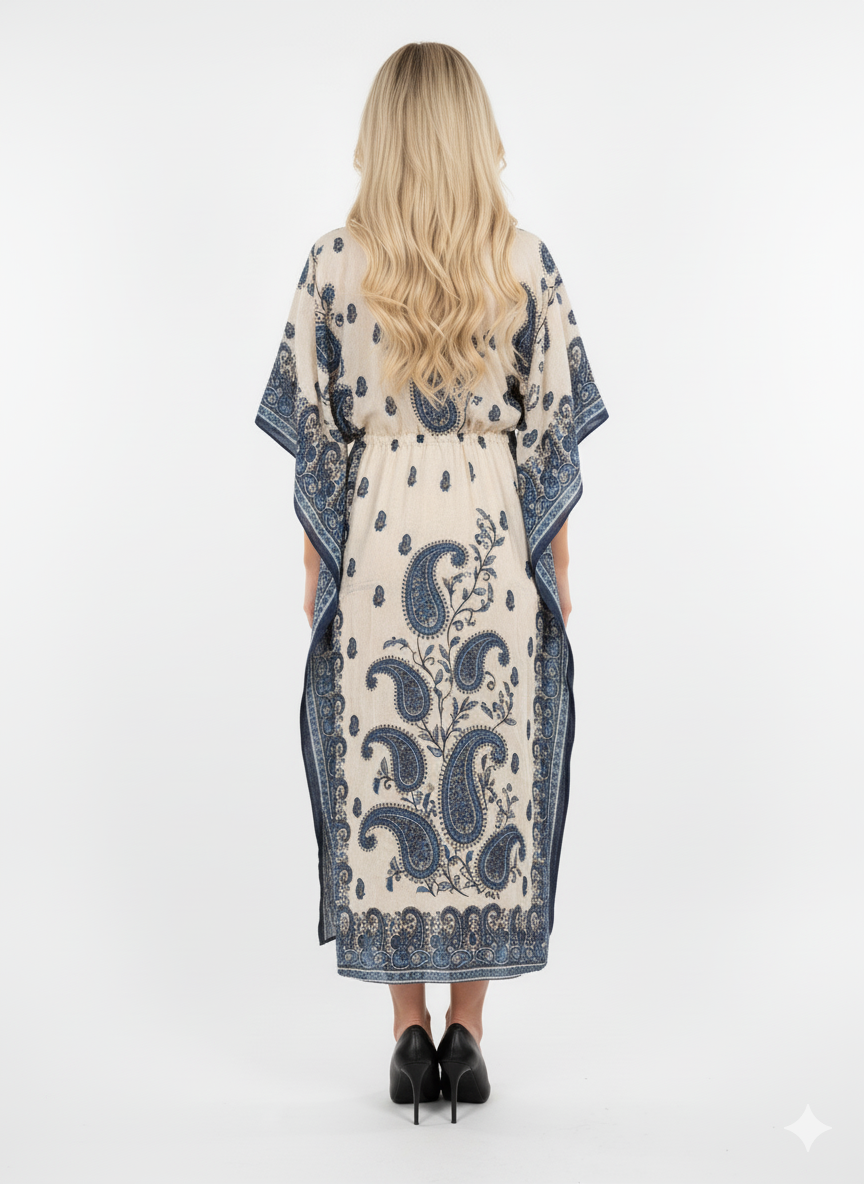 Beige Blue Paisley Print Kaftan | Polyester Abaya Maxi Dress | Jalabiya