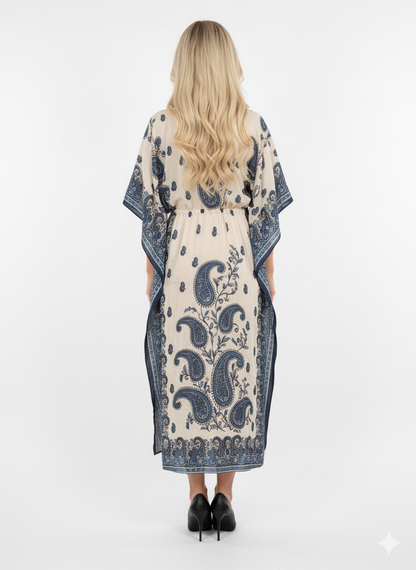 Beige Blue Paisley Print Kaftan | Polyester Abaya Maxi Dress | Jalabiya